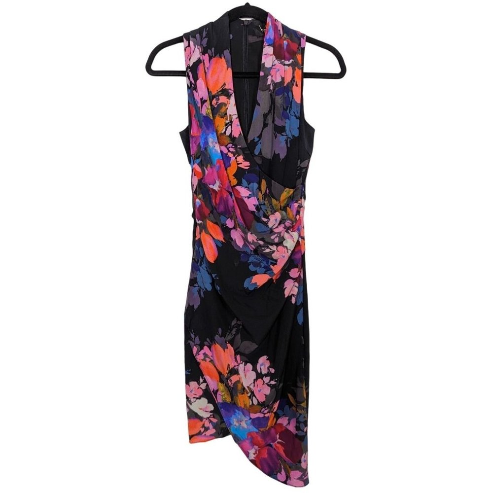 Nicole Miller Collection sleeveless floral wrap draped mdi colorful silk dress 0